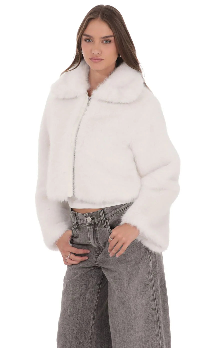 Faux Fur Cropped Jacket in Black