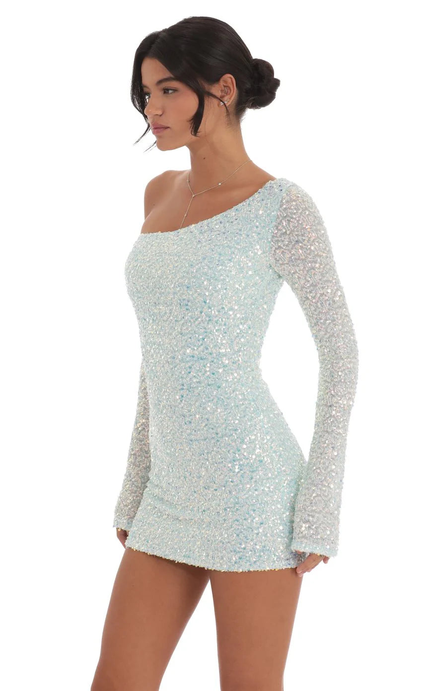 Sequin One Shoulder Bodycon Dress in Mint Blue