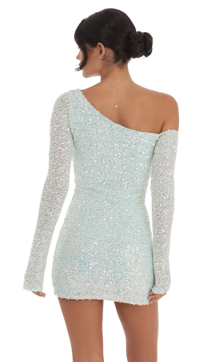 Sequin One Shoulder Bodycon Dress in Mint Blue